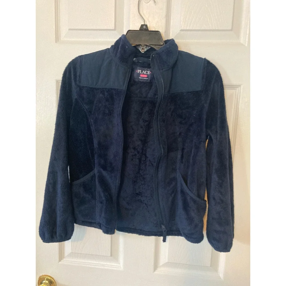 Childrens‎ Place Girls Navy Blue Fuzzy Fleece Full Zip Jacket Size L 10/12